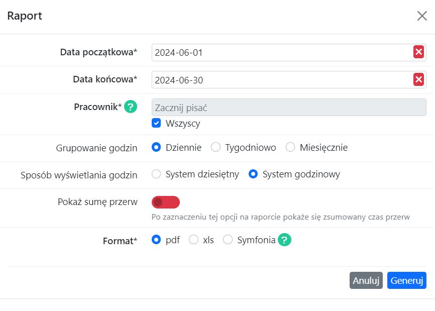 Raport godzin formularz