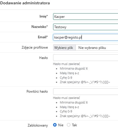 Formularz dodawania nowego administratora